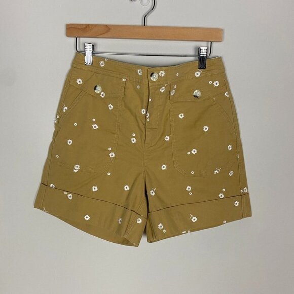 J Crew Cuffed Hem Shorts Embroidered Daisy Tan 10 High Rise Floral - Picture 2 of 7